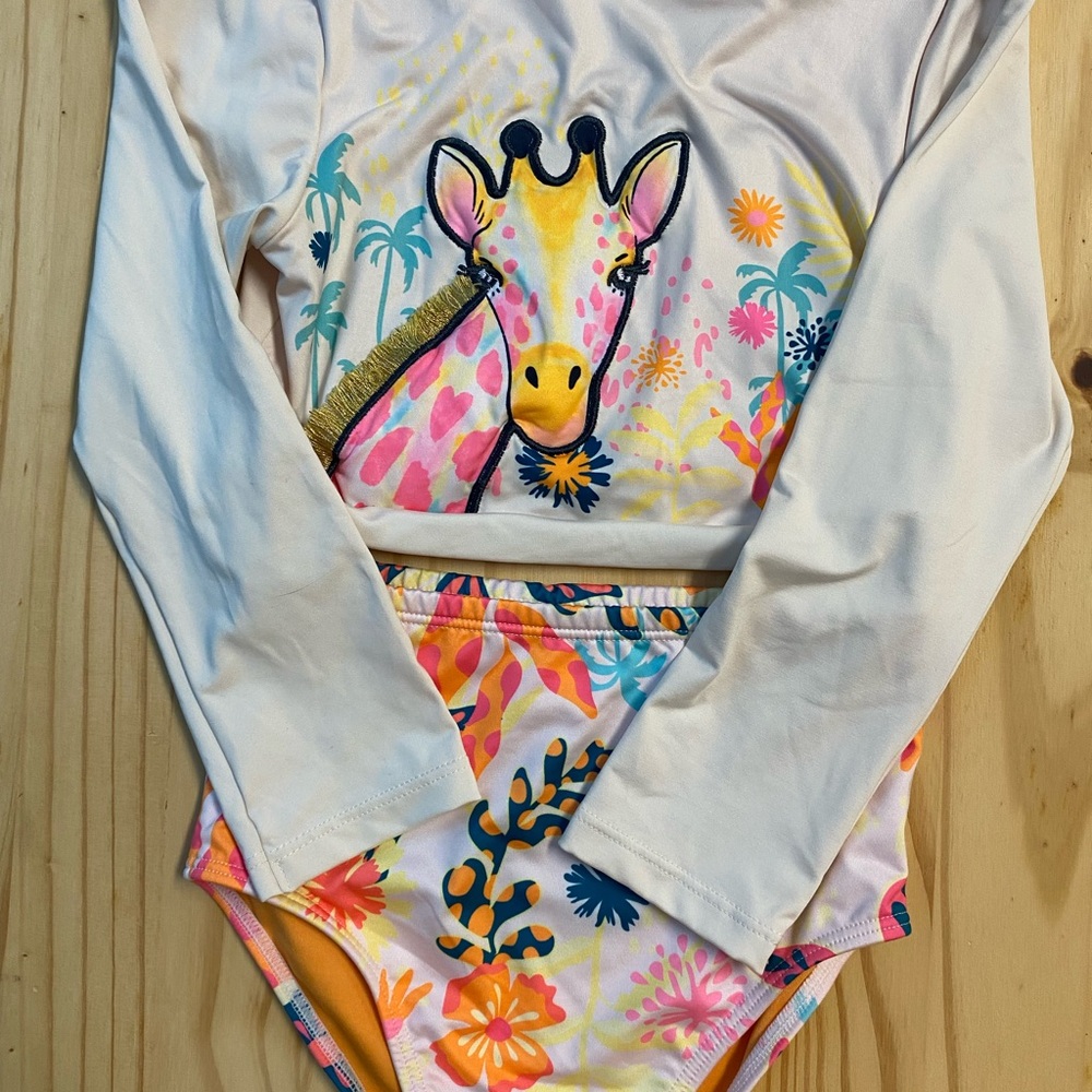OffCorss Girls Two-Piece Giraffe Swim Set in White and Multicolor